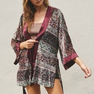 NWT Dress Forum paisley burn out velvet kimono lined-sheer arm cardigan belt M L